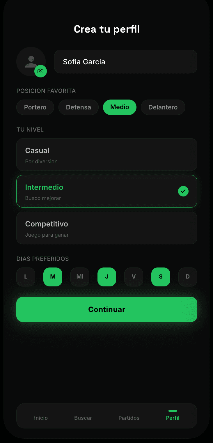 Pantalla de creación de perfil de futmatchr