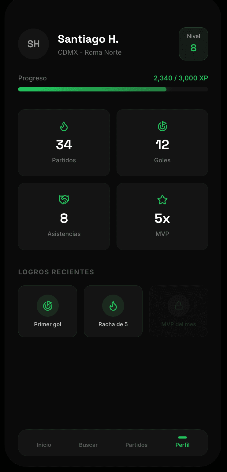 Pantalla de progreso y estadísticas de futmatchr
